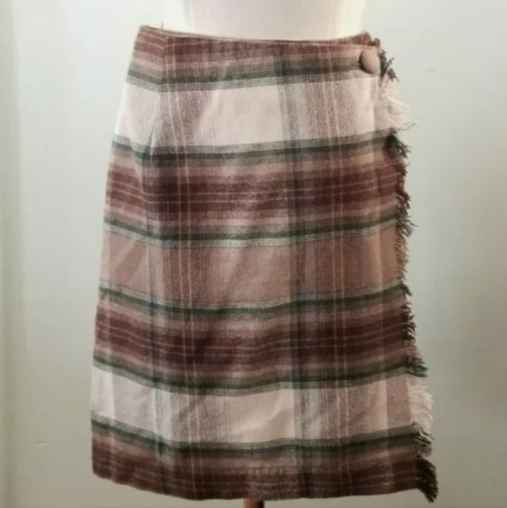 💘Brown Plaid Skirt size 30(S) Wrap Fringe Wool